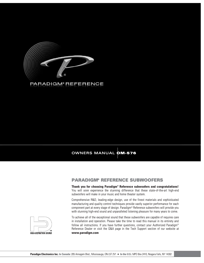 Page 1 de la notice Manuel utilisateur Paradigm Studio SUB 15