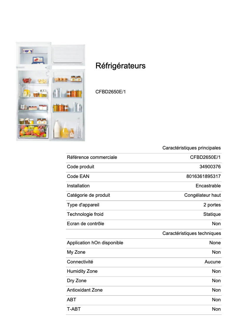 Page 1 de la notice Fiche technique Candy CFBD2650E/1