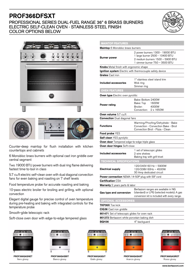 Page 1 de la notice Fiche technique Bertazzoni PROF366DFSNET