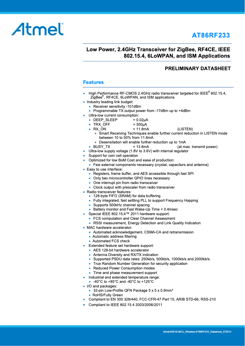 Página 1 del manual Ficha técnica Microchip ATZBRF233