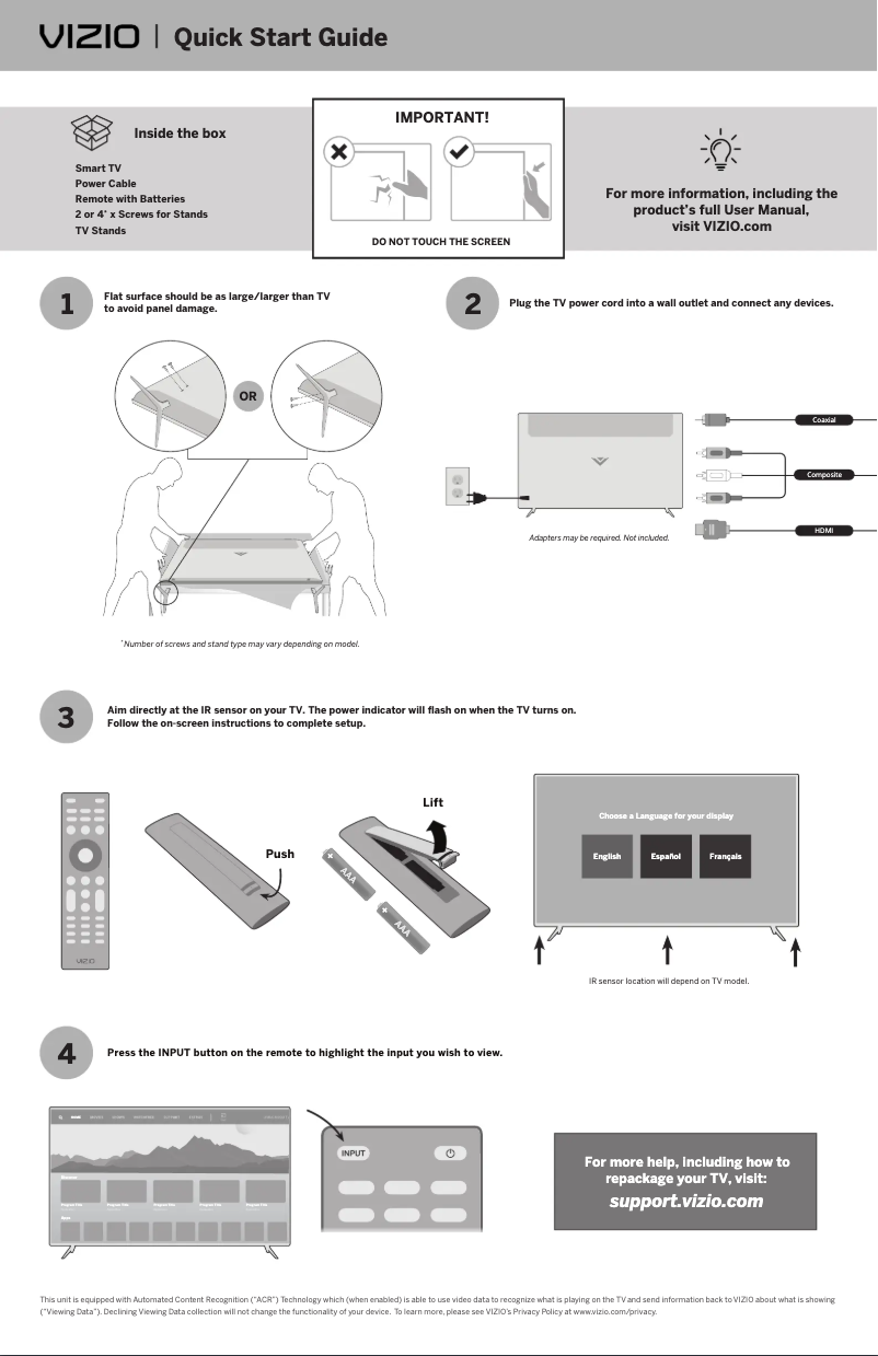 Page 1 de la notice Guide de démarrage rapide VIZIO V585-H1