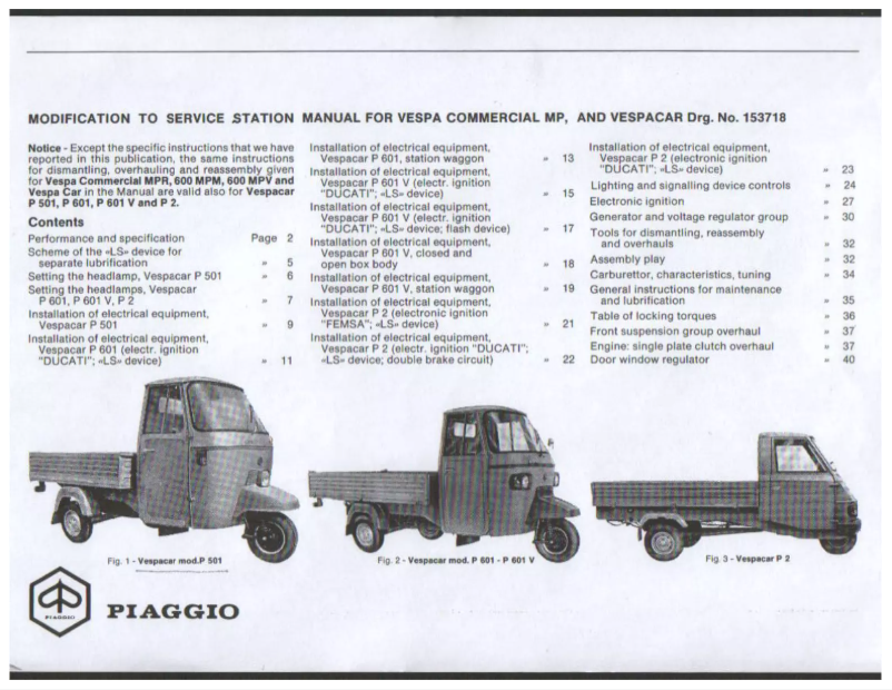 Imagen de la primera página del manual del dispositivo Vespacar P 601 V