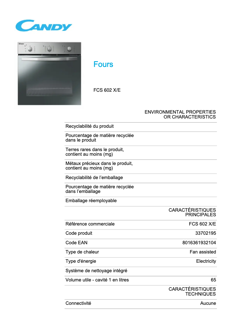 Page n°1 - Fiche technique Candy FCS 602 X/E