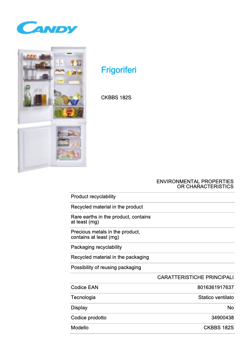 Page 1 de la notice Fiche technique Candy CKBBS 182S