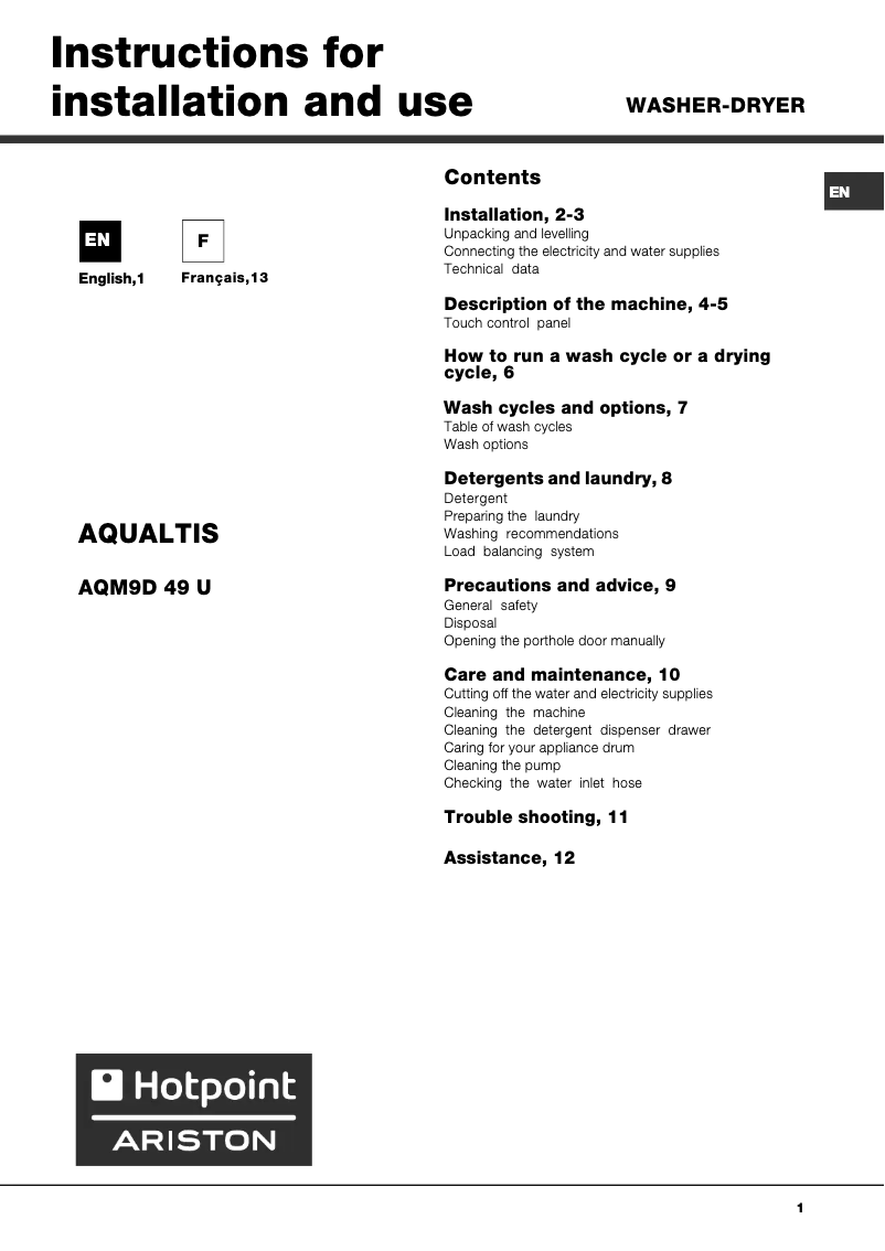 Page 1 de la notice Manuel utilisateur Hotpoint AQM9D 49 U