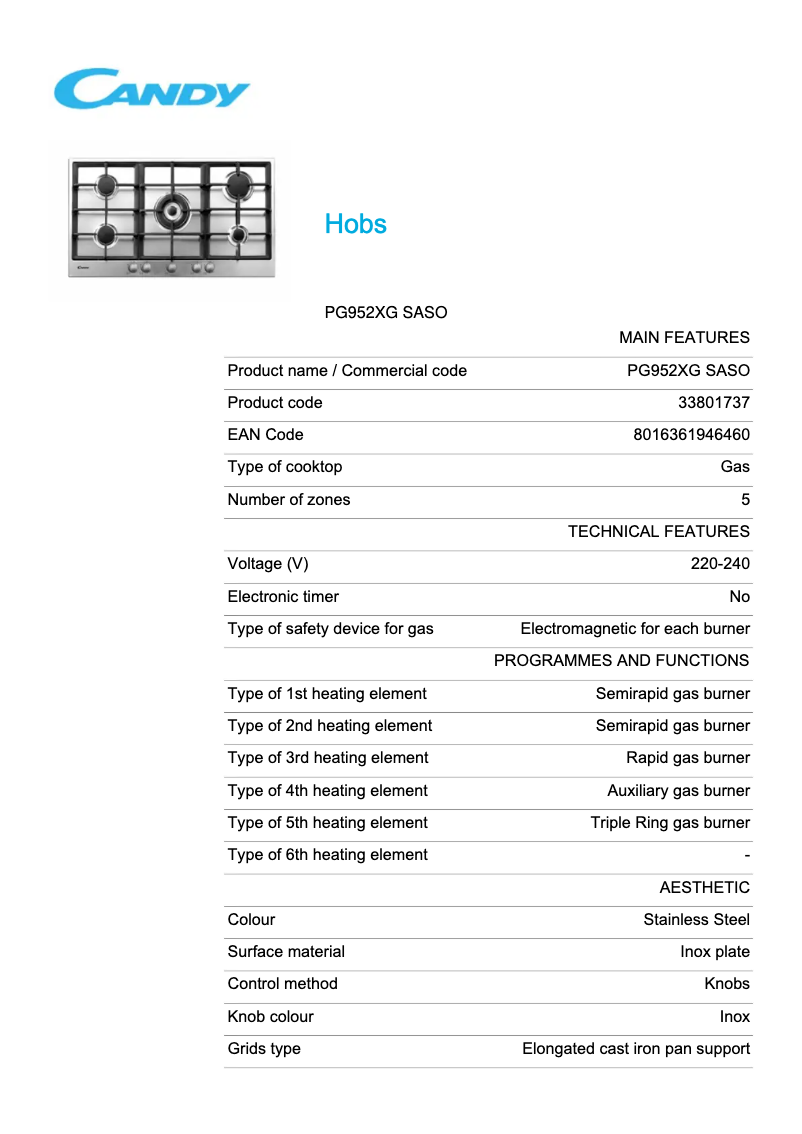 Page 1 de la notice Manuel utilisateur Candy PG952XG SASO