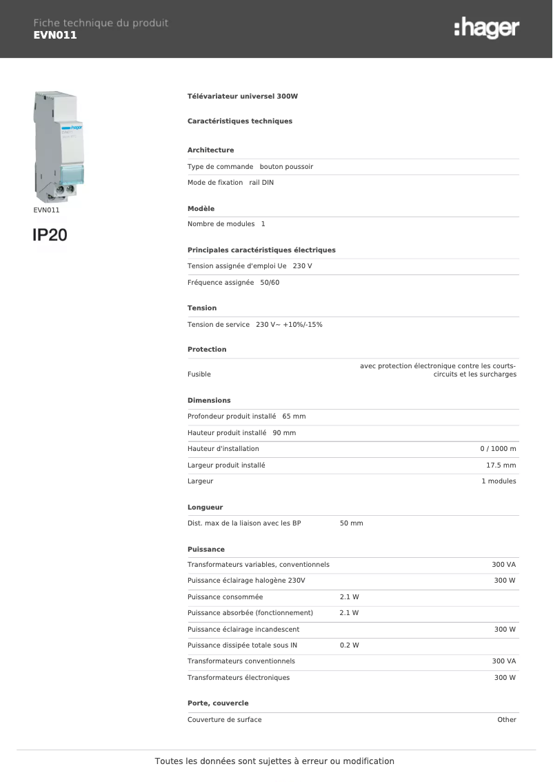 Page 1 de la notice Fiche technique Hager EVN011
