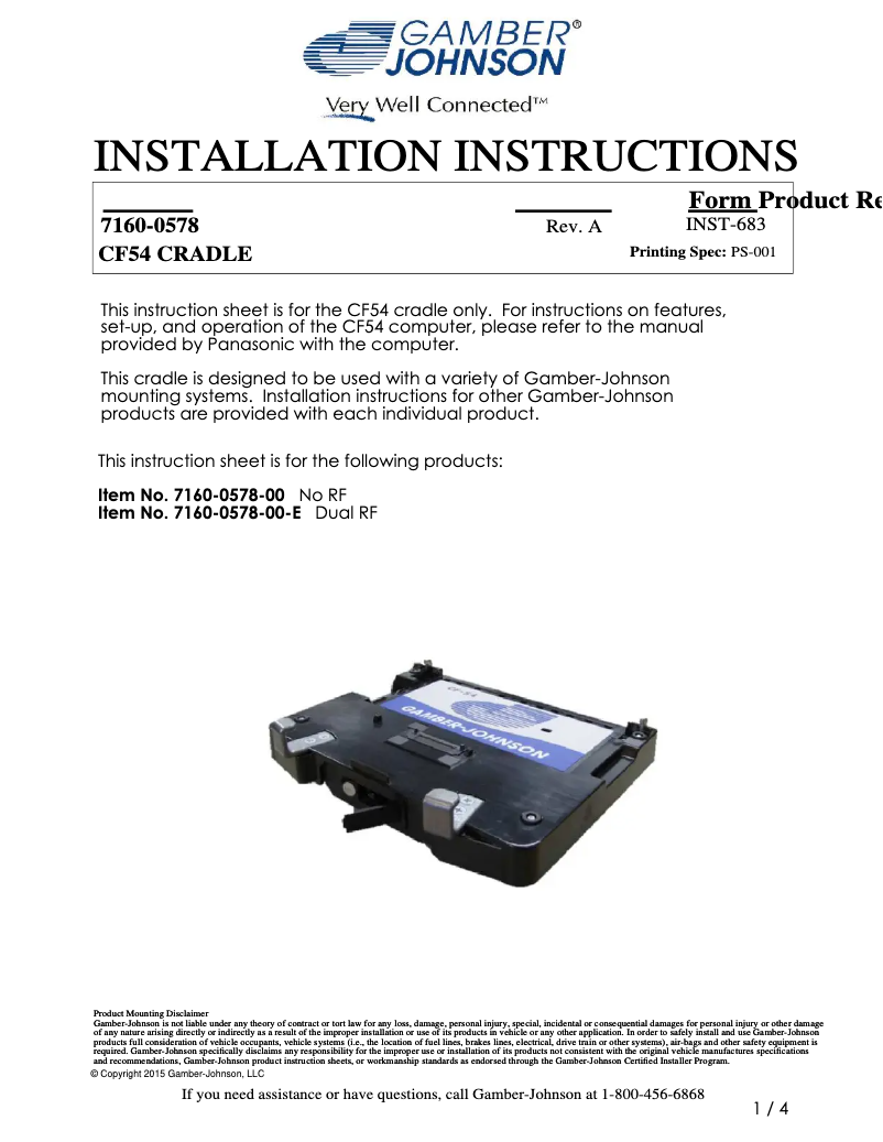 Page 1 de la notice Manuel utilisateur Gamber-Johnson 7160-0578