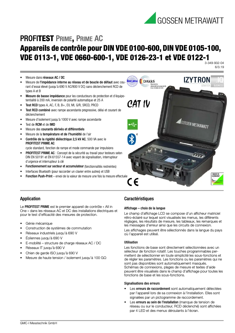 Page 1 de la notice Fiche technique Gossen Metrawatt PROFITEST PRIME