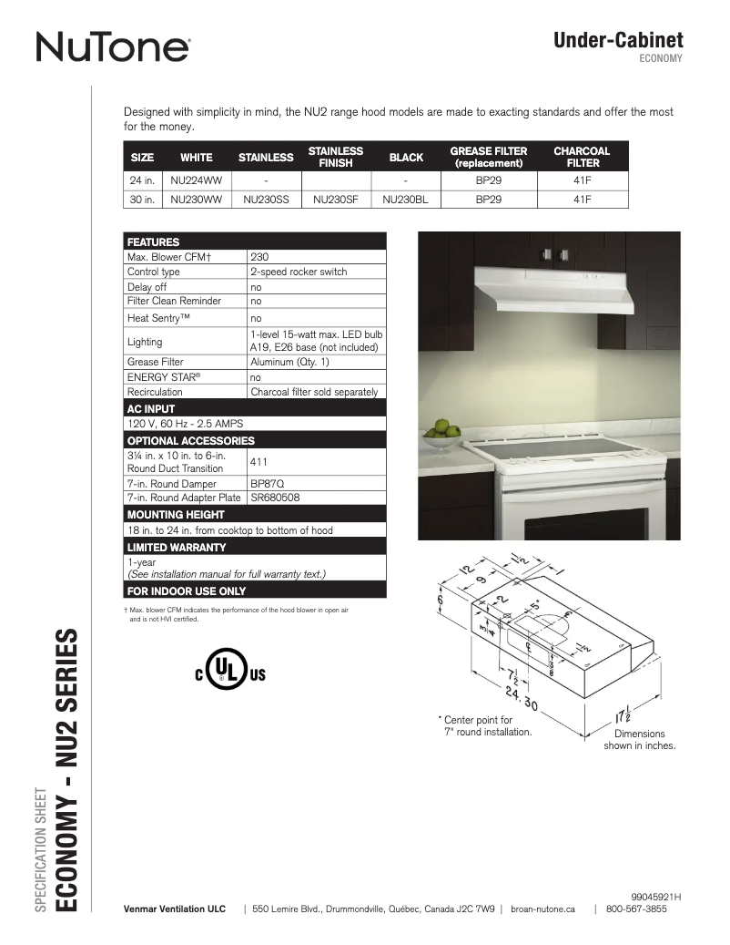 Page 1 de la notice Fiche technique NuTone NU230WW