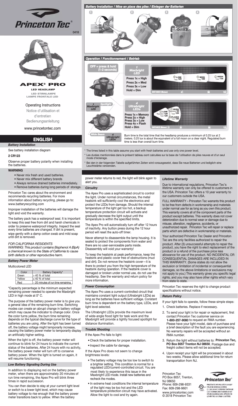 Page 1 de la notice Manuel utilisateur Princeton Tec Apex Pro