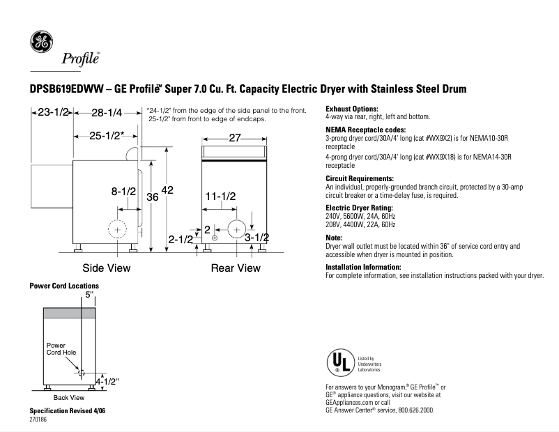 Page 1 de la notice Fiche technique GE Profile DPSB619EDCC