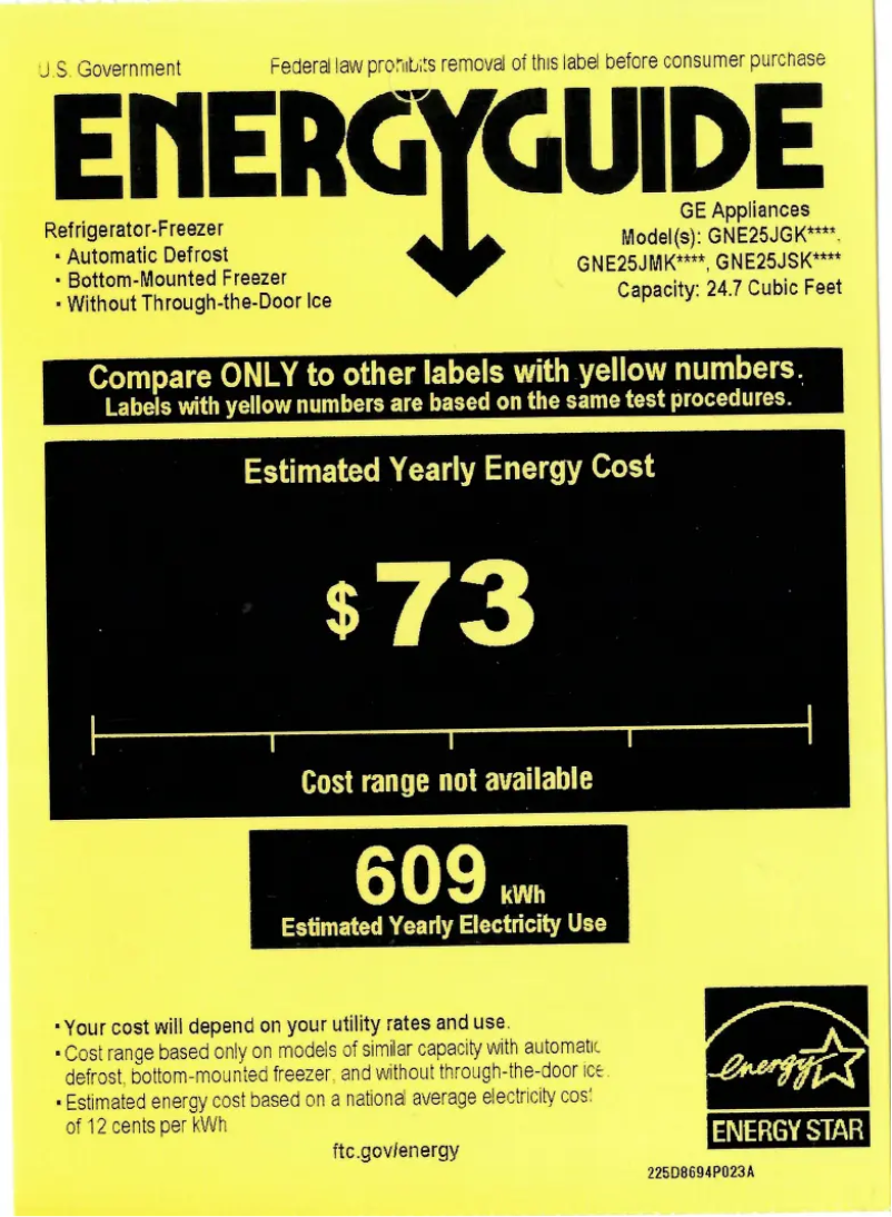 Page 1 de la notice Label énergétique GE GNE25JGKBB