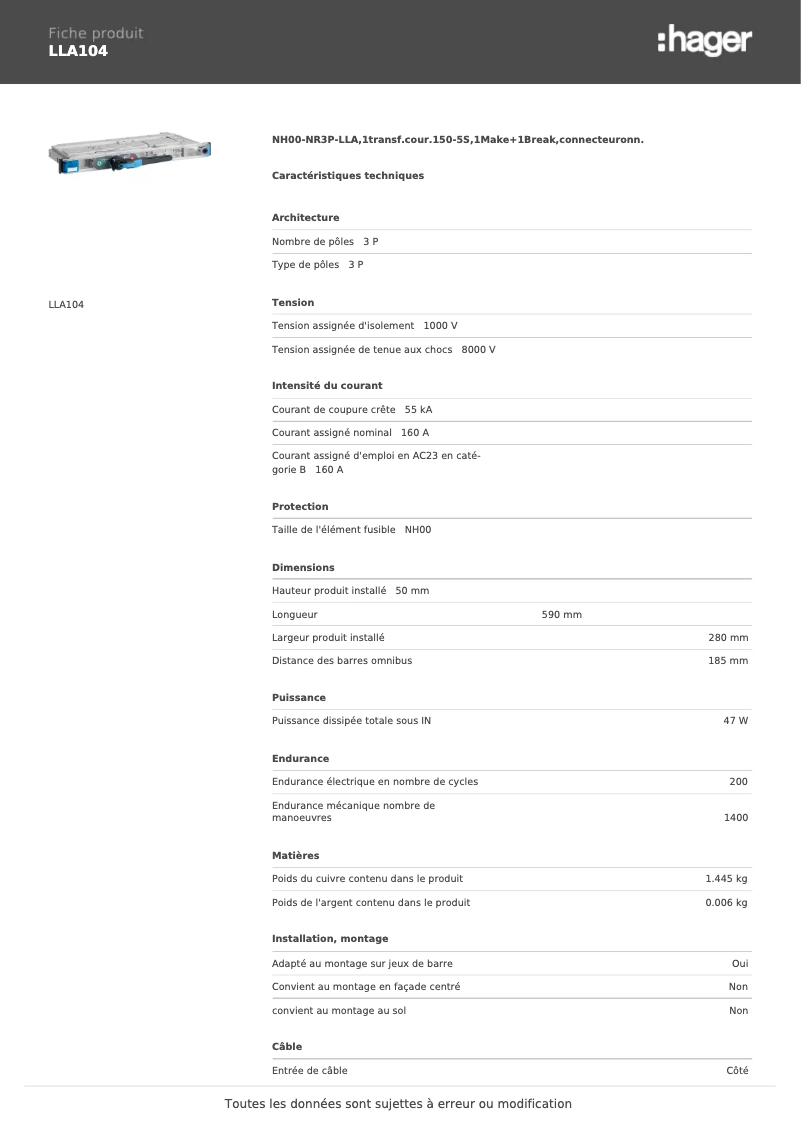 Page 1 de la notice Fiche technique Hager LLA104