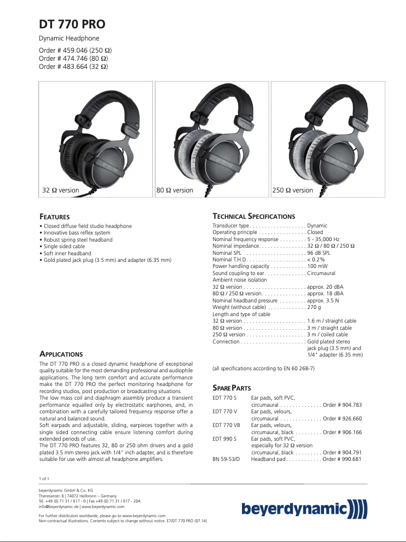 Page n°1 - Fiche technique Beyerdynamic DT 770 Pro