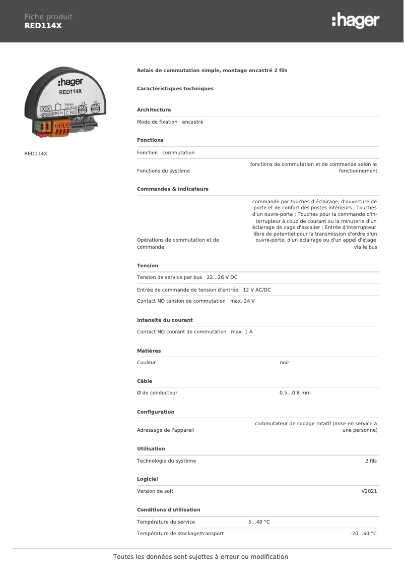 Page 1 de la notice Fiche technique Hager RED114X