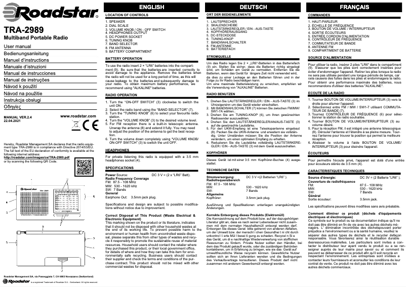 Page 1 de la notice Manuel utilisateur Roadstar TRA-2989