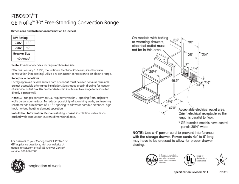 Page 1 of the manual Technical Sheet GE Profile PB905DTBB