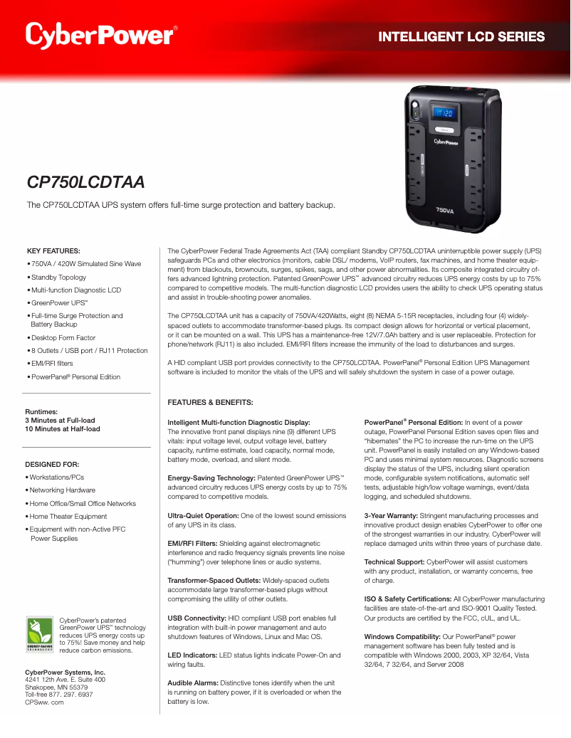 Page n°1 - Manuel utilisateur CyberPower CP750LCDTAA