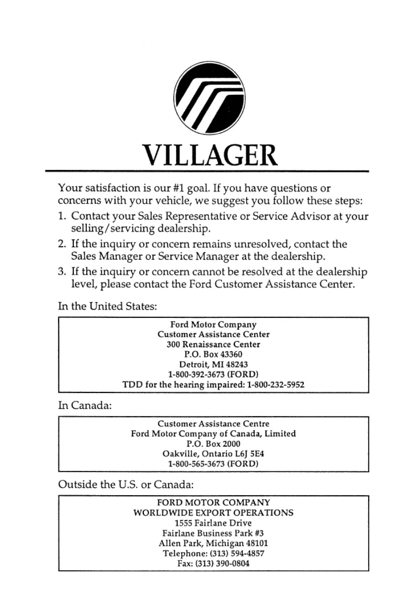 Page 1 de la notice Manuel utilisateur Mercury Villager (1996)