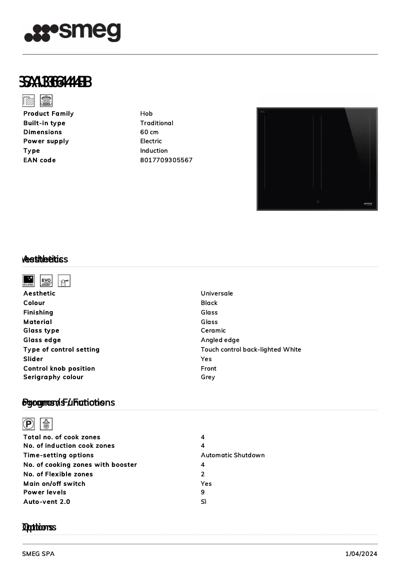 Page 1 de la notice Fiche technique Smeg SAI3644B