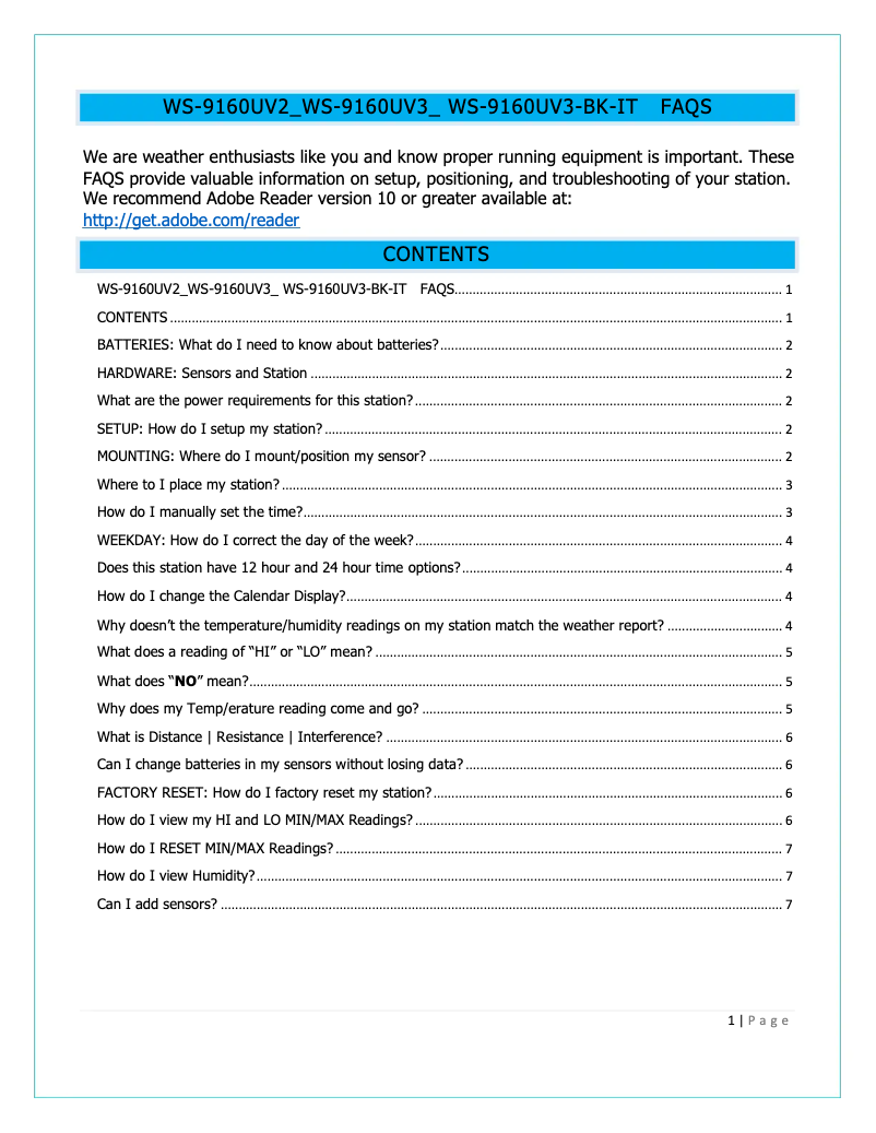 Page n°1 - FAQ La Crosse Technology WS-9160UV3