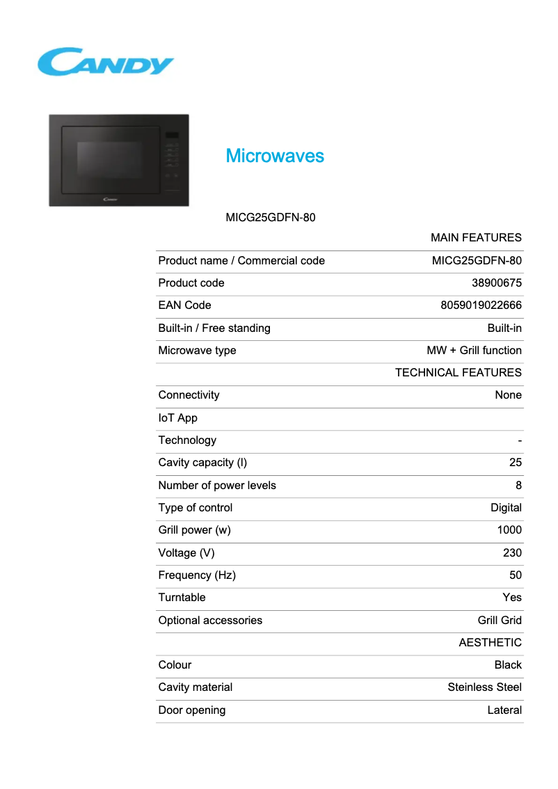Page 1 de la notice Fiche technique Candy MICG25GDFN-80
