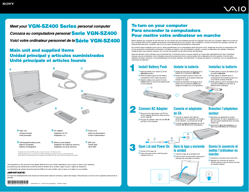 Image de la première page du manuel de l'appareil Vaio VGN-SZ440