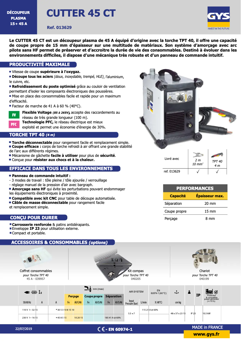 Page 1 de la notice Fiche technique GYS Cutter 45 CT