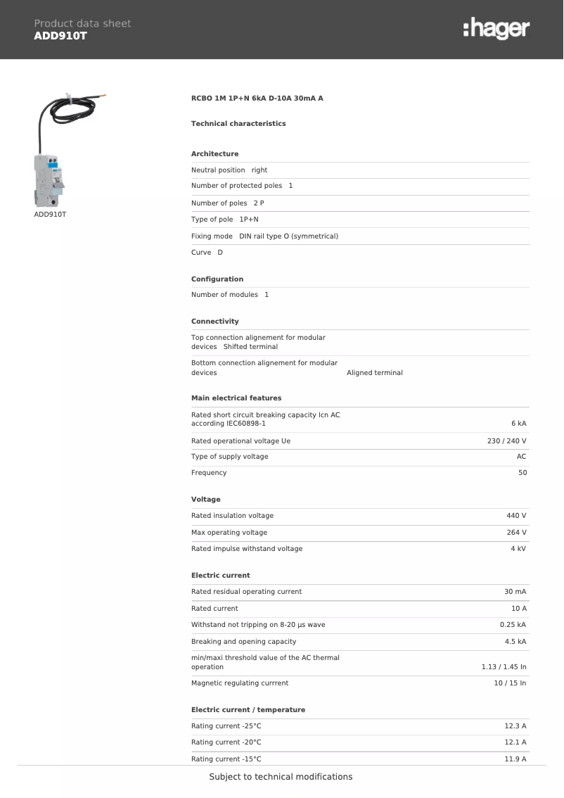 Page 1 de la notice Fiche technique Hager ADD910T