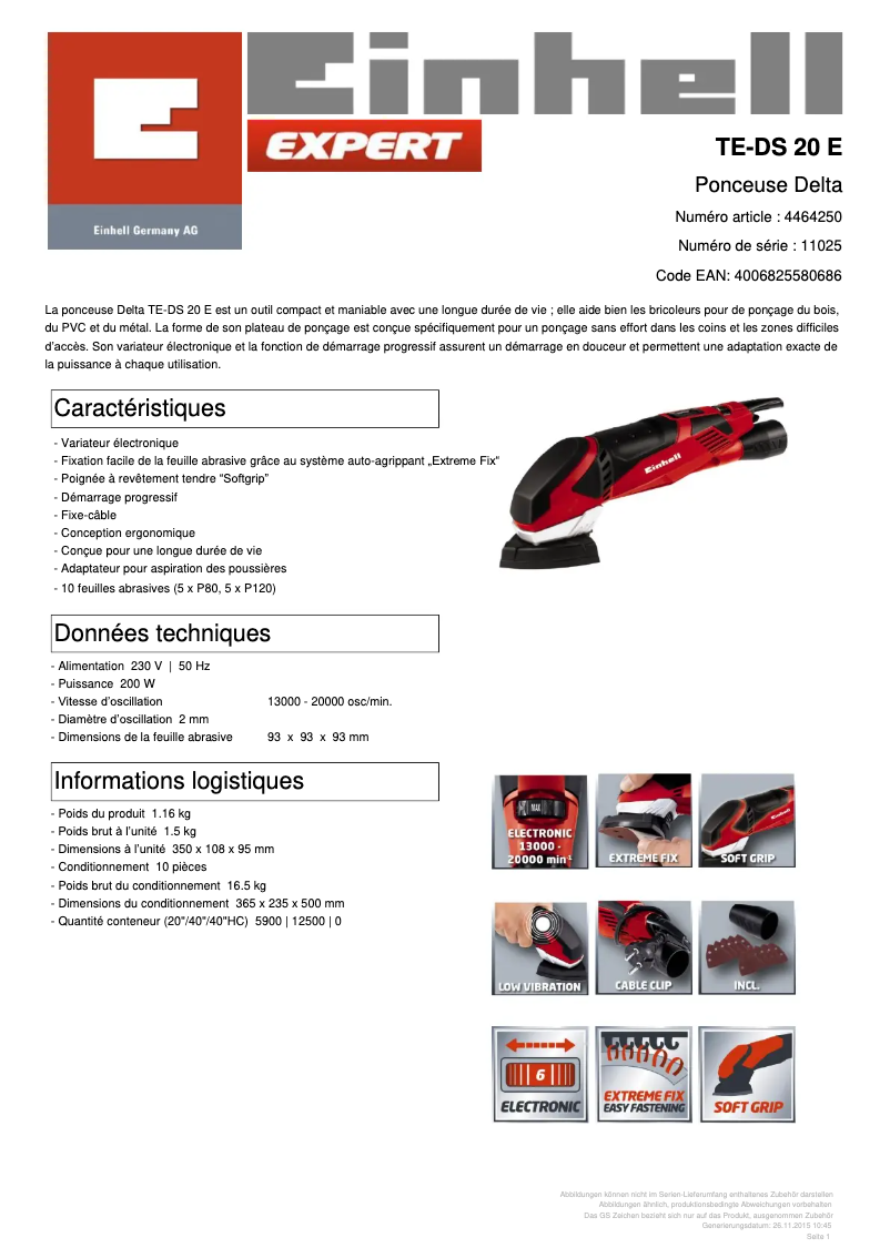 Page 1 de la notice Fiche technique Einhell TE-DS 20 E