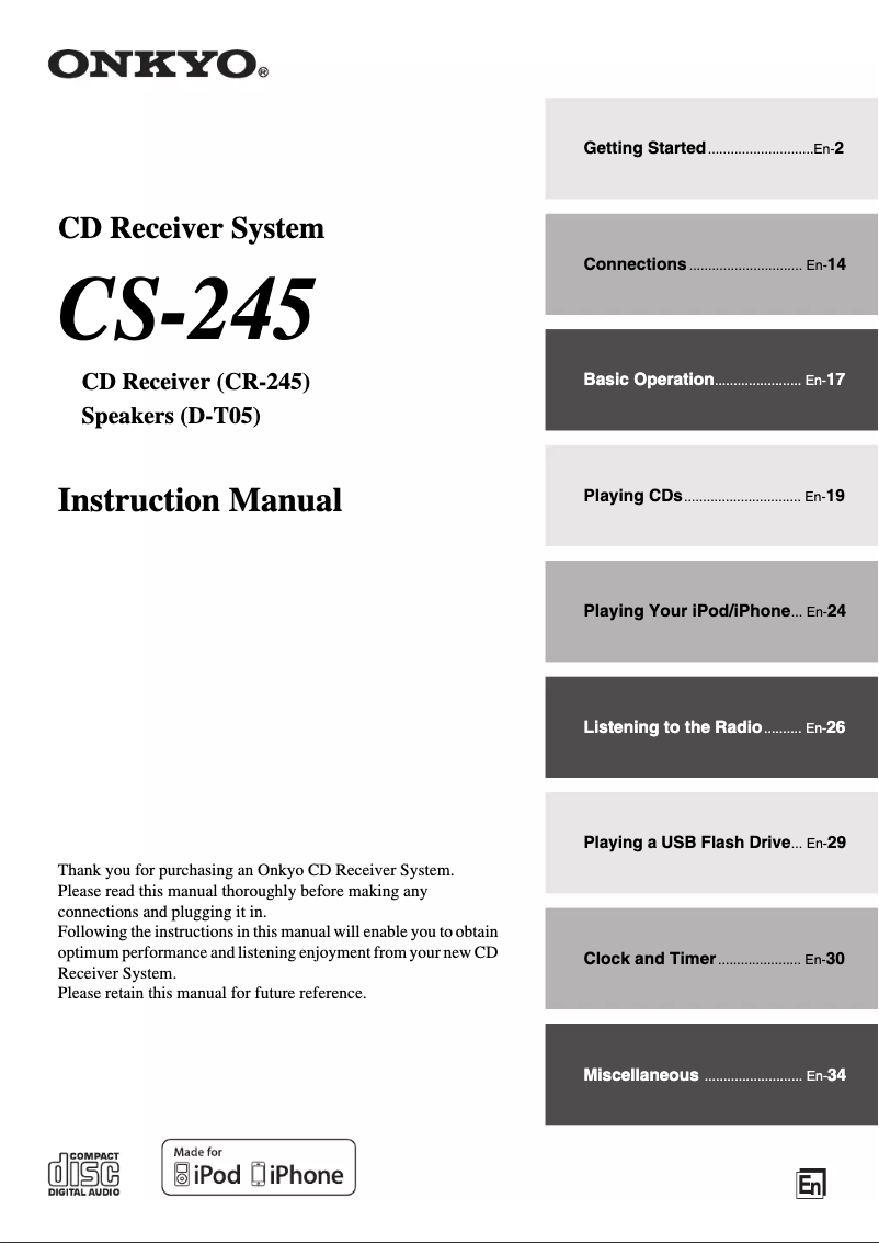 Page 1 de la notice Manuel utilisateur Onkyo CS-245