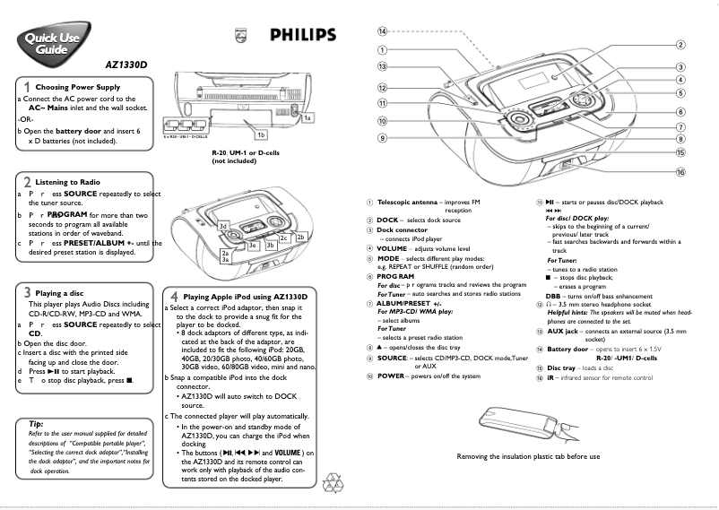 Page 1 de la notice Guide de démarrage rapide Philips AZ1330D