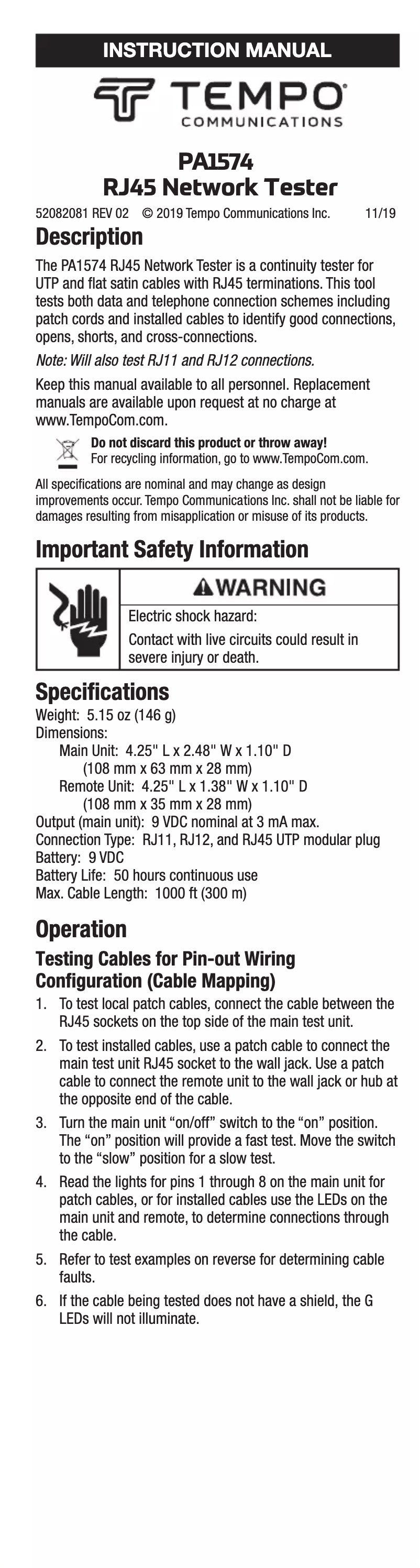 Imagen de la primera página del manual del dispositivo PA1574
