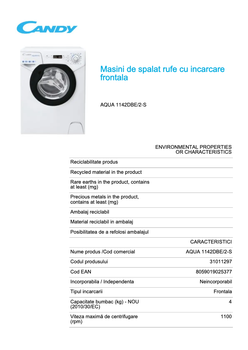 Page 1 de la notice Fiche technique Candy AQUA 1142DBE/2-S