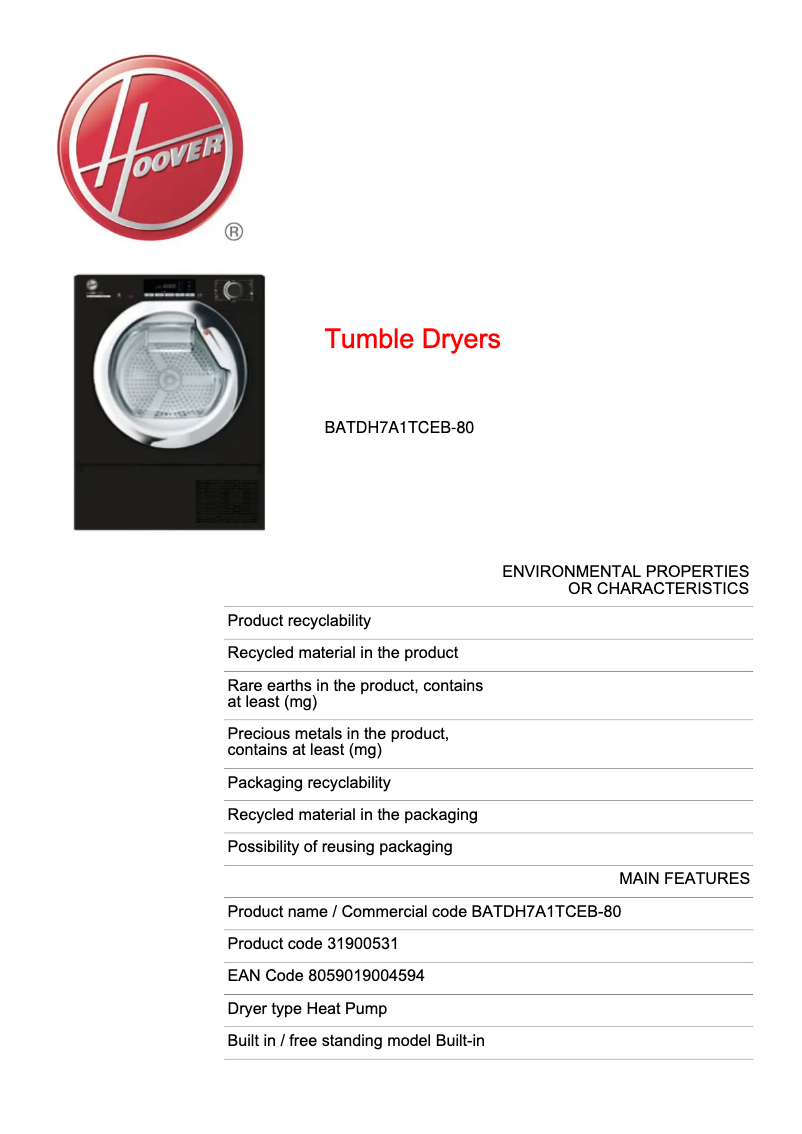 Página 1 del manual Ficha técnica Hoover BATDH7A1TCEB-80