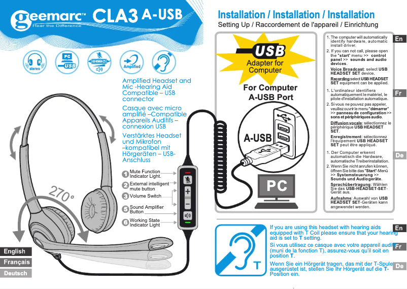 Page n°1 - Manuel utilisateur Geemarc CLA3 A-USB