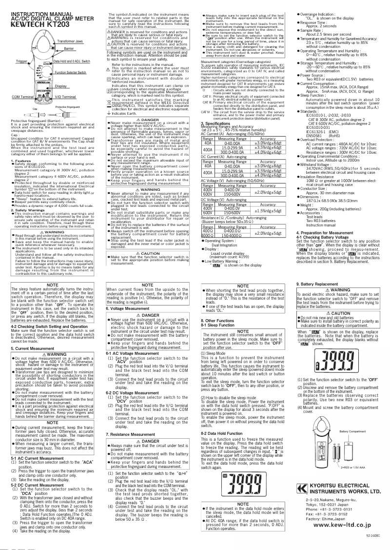 Page 1 de la notice Manuel utilisateur Kyoritsu KT 203