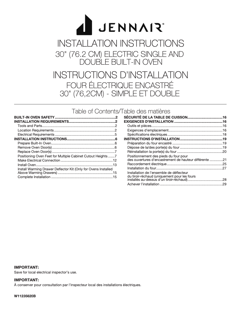 Page 1 de la notice Guide d'installation JennAir JJW3430IL