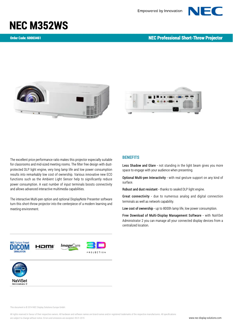 Page 1 de la notice Fiche technique NEC M352WS