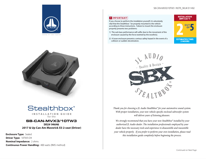Page 1 de la notice Manuel utilisateur JL Audio Stealthbox SB-CAN-MVX3/10TW3