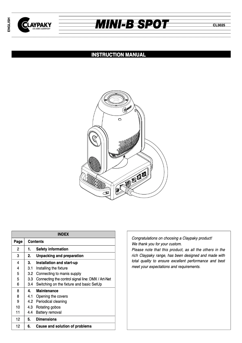Page 1 de la notice Manuel utilisateur Claypaky Mini-B Spot