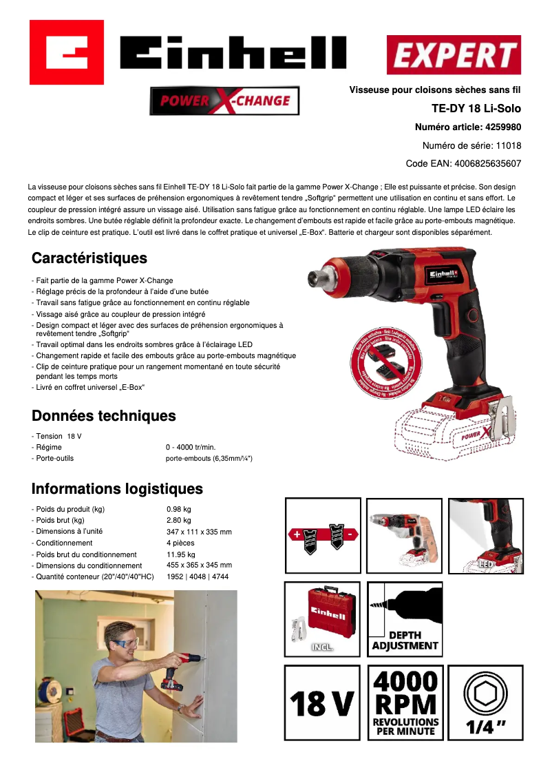 Página 1 del manual Ficha técnica Einhell TE-DY 18 Li-Solo