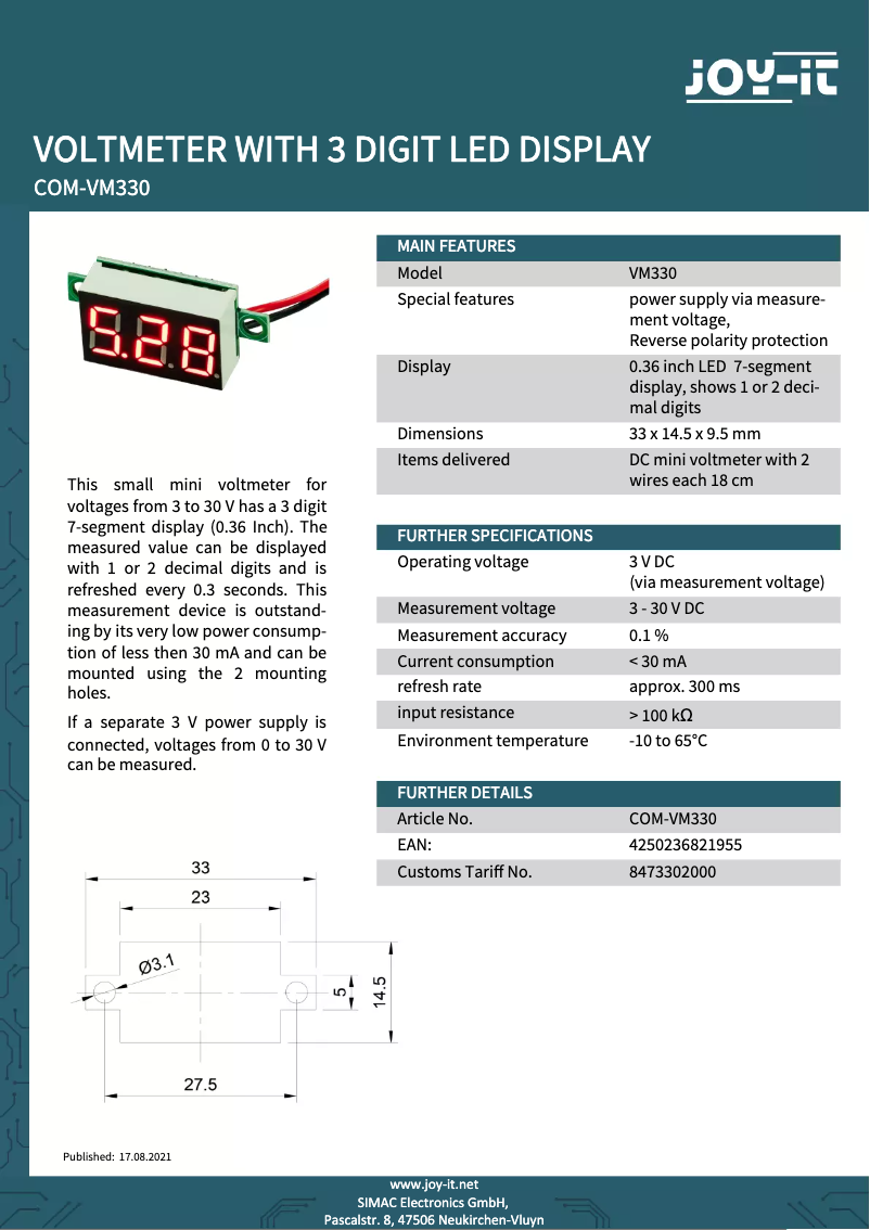 Page 1 de la notice Fiche technique Joy-It COM-VM330