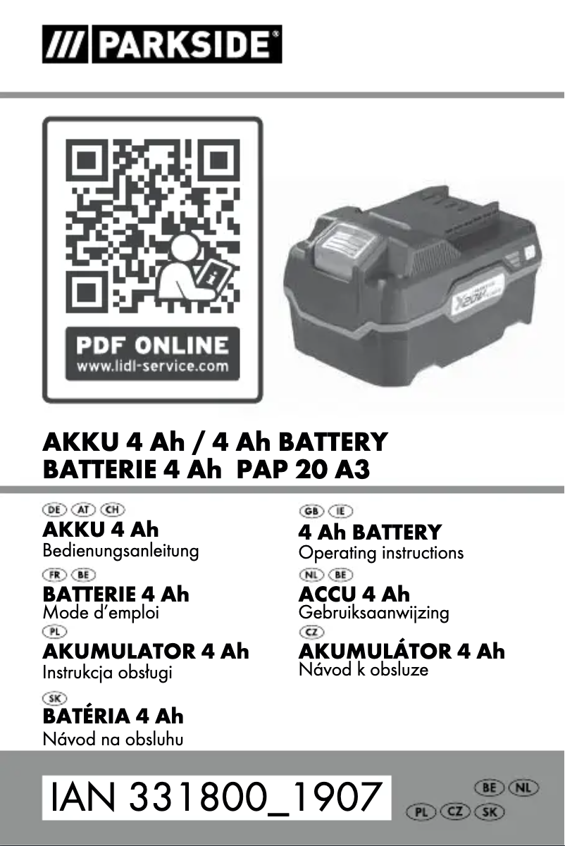 Page 1 de la notice Manuel utilisateur Parkside PAP 20 A3