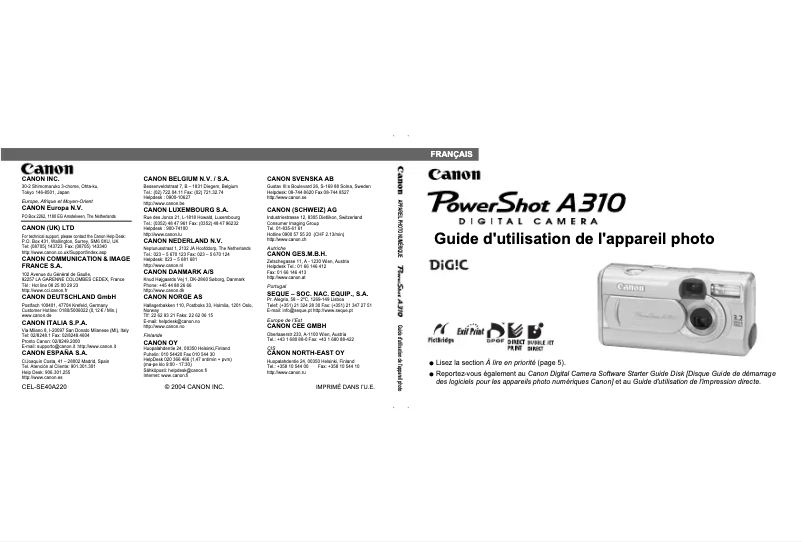 Page 1 de la notice Manuel utilisateur Canon PowerShot A310