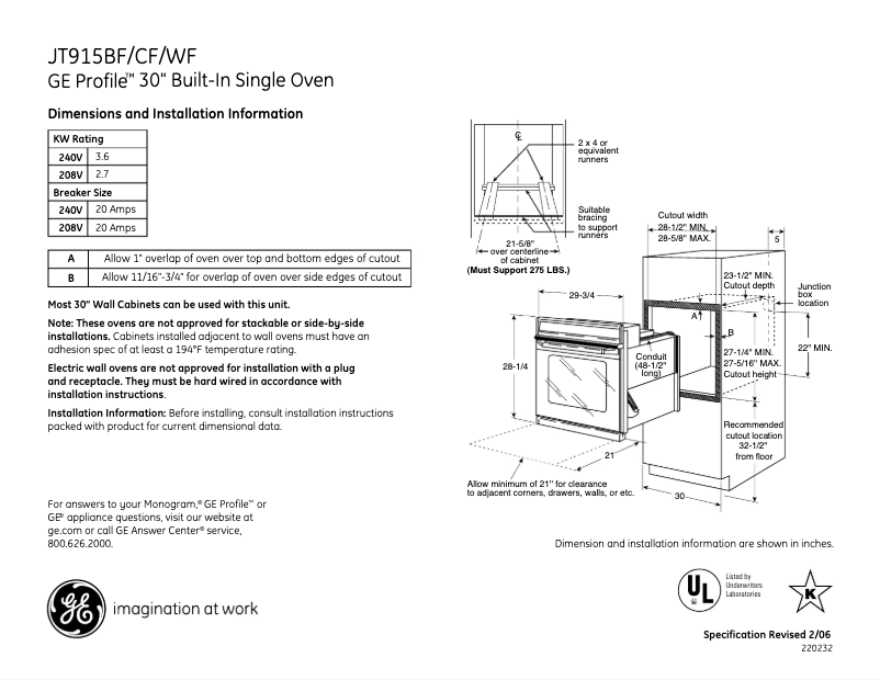 Page 1 de la notice Fiche technique GE JT915CFCC