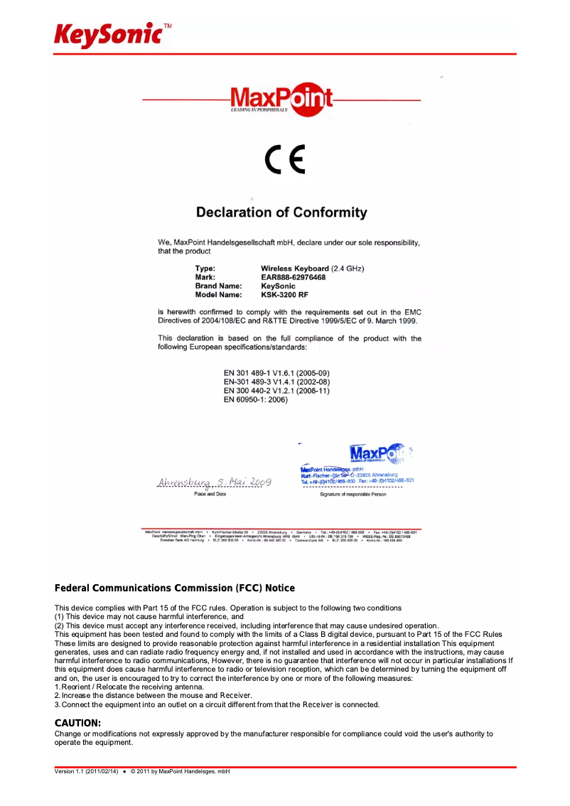 Page n°1 - Manuel utilisateur KeySonic KSK-3200 RF