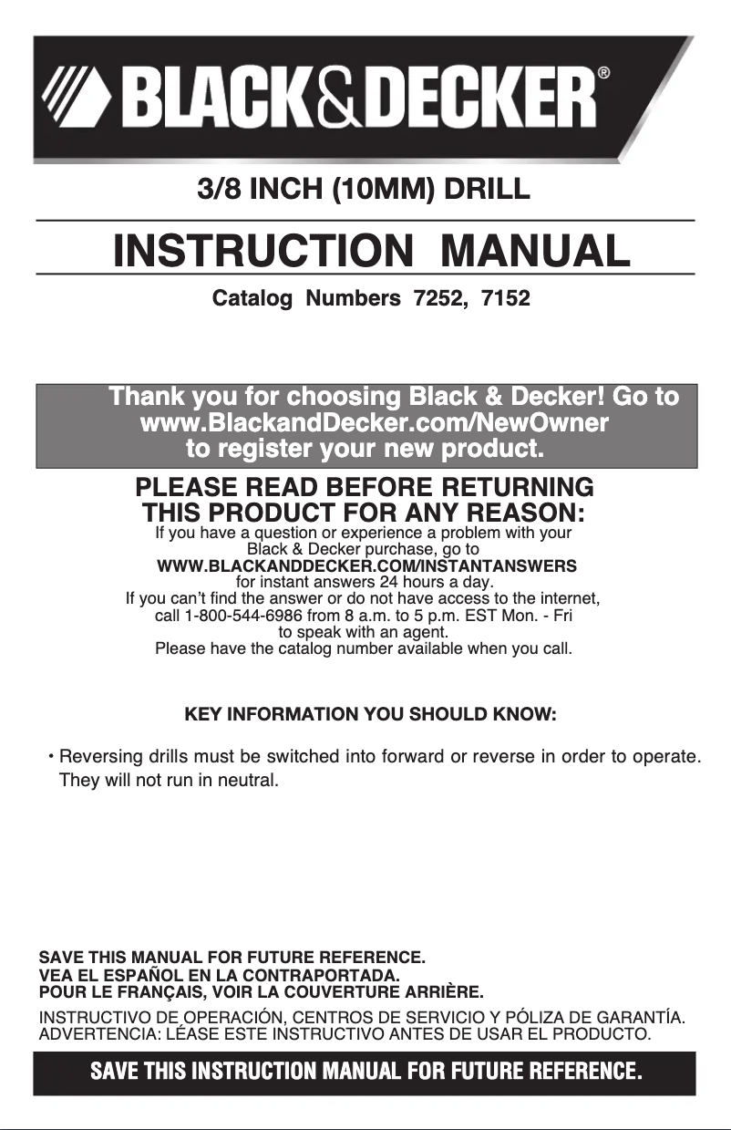 Page 1 de la notice Manuel utilisateur Black & Decker B7252