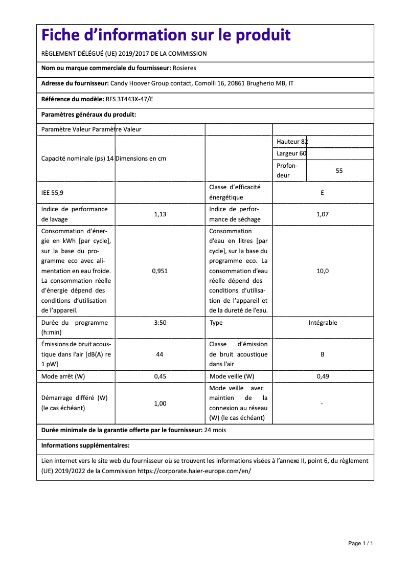 Page 1 de la notice Fiche technique Rosieres RFS 3T443X-47/E